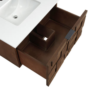Meridian Furniture Leonardo Wall Mounted Solid Wood Bathroom Vanity with Geometric Doors and Engineered Stone Top Brown 30 inches 435Brown-30