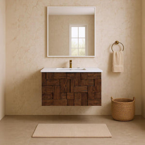 Meridian Furniture Leonardo Wall Mounted Solid Wood Bathroom Vanity with Geometric Doors and Engineered Stone Top Brown 30 inches 435Brown-30