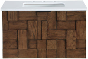 Meridian Furniture Leonardo Wall Mounted Solid Wood Bathroom Vanity with Geometric Doors and Engineered Stone Top Brown 30 inches 435Brown-30