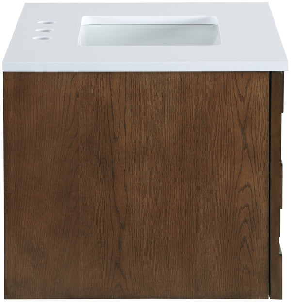 Meridian Furniture Leonardo Wall Mounted Solid Wood Bathroom Vanity with Geometric Doors and Engineered Stone Top Brown 30 inches 435Brown-30