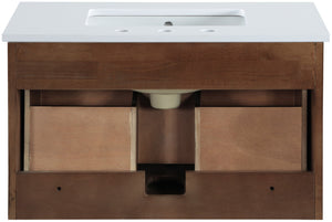 Meridian Furniture Leonardo Wall Mounted Solid Wood Bathroom Vanity with Geometric Doors and Engineered Stone Top Brown 30 inches 435Brown-30