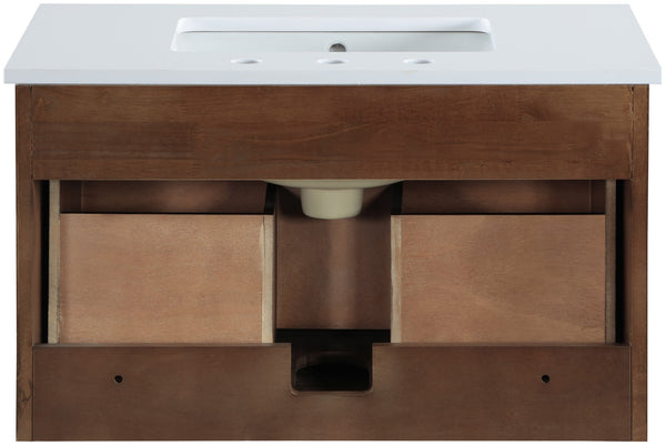 Meridian Furniture Leonardo Wall Mounted Solid Wood Bathroom Vanity with Geometric Doors and Engineered Stone Top Brown 30 inches 435Brown-30