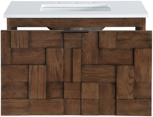 Meridian Furniture Leonardo Wall Mounted Solid Wood Bathroom Vanity with Geometric Doors and Engineered Stone Top Brown 30 inches 435Brown-30