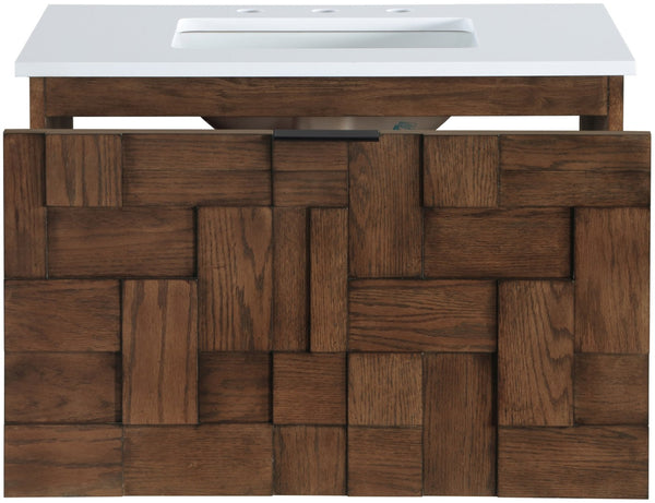 Meridian Furniture Leonardo Wall Mounted Solid Wood Bathroom Vanity with Geometric Doors and Engineered Stone Top Brown 30 inches 435Brown-30