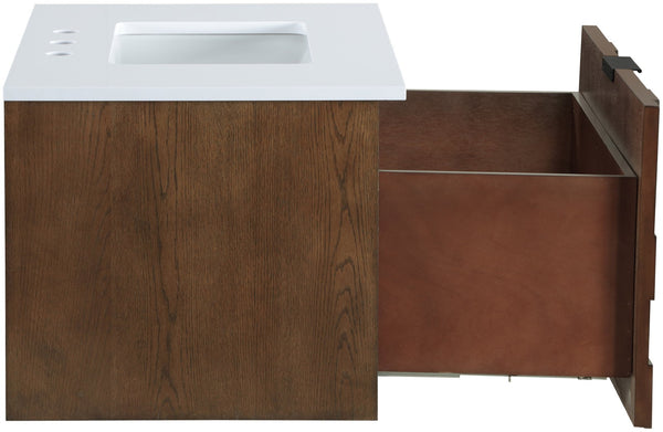 Meridian Furniture Leonardo Wall Mounted Solid Wood Bathroom Vanity with Geometric Doors and Engineered Stone Top Brown 30 inches 435Brown-30