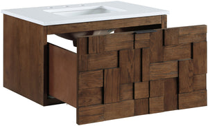 Meridian Furniture Leonardo Wall Mounted Solid Wood Bathroom Vanity with Geometric Doors and Engineered Stone Top Brown 30 inches 435Brown-30