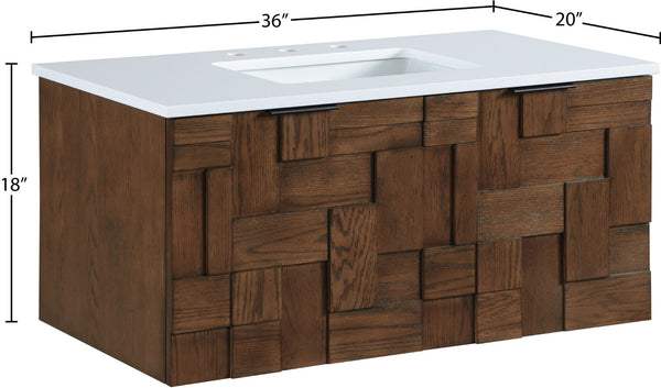 Meridian Furniture Leonardo Wall Mounted Solid Wood Bathroom Vanity with Geometric Doors and Engineered Stone Top Brown 36 inches 435Brown-36