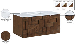 Meridian Furniture Leonardo Wall Mounted Solid Wood Bathroom Vanity with Geometric Doors and Engineered Stone Top Brown 36 inches 435Brown-36