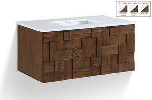 Meridian Furniture Leonardo Wall Mounted Solid Wood Bathroom Vanity with Geometric Doors and Engineered Stone Top Brown 36 inches 435Brown-36