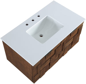 Meridian Furniture Leonardo Wall Mounted Solid Wood Bathroom Vanity with Geometric Doors and Engineered Stone Top Brown 36 inches 435Brown-36