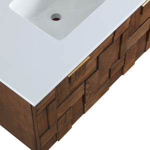 Meridian Furniture Leonardo Wall Mounted Solid Wood Bathroom Vanity with Geometric Doors and Engineered Stone Top Brown 36 inches 435Brown-36