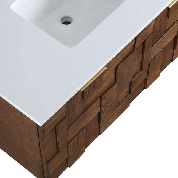 Meridian Furniture Leonardo Wall Mounted Solid Wood Bathroom Vanity with Geometric Doors and Engineered Stone Top Brown 36 inches 435Brown-36