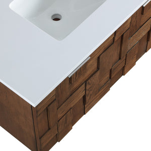 Meridian Furniture Leonardo Wall Mounted Solid Wood Bathroom Vanity with Geometric Doors and Engineered Stone Top Brown 36 inches 435Brown-36