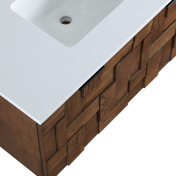 Meridian Furniture Leonardo Wall Mounted Solid Wood Bathroom Vanity with Geometric Doors and Engineered Stone Top Brown 36 inches 435Brown-36