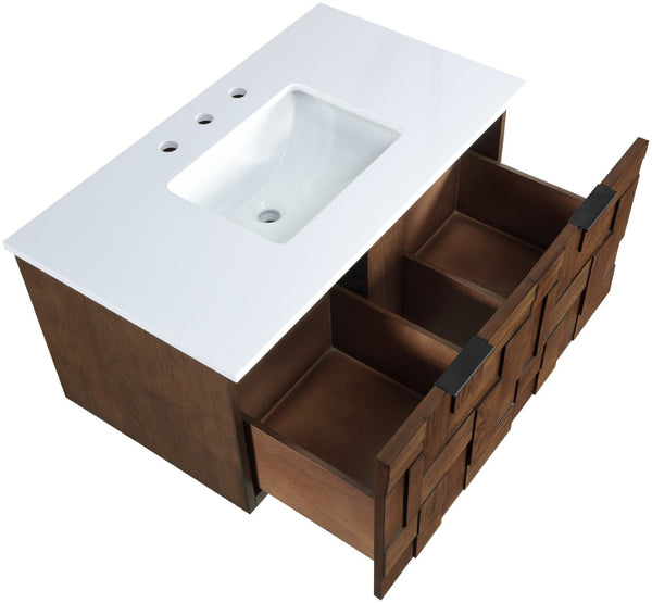 Meridian Furniture Leonardo Wall Mounted Solid Wood Bathroom Vanity with Geometric Doors and Engineered Stone Top Brown 36 inches 435Brown-36