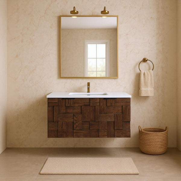Meridian Furniture Leonardo Wall Mounted Solid Wood Bathroom Vanity with Geometric Doors and Engineered Stone Top Brown 36 inches 435Brown-36