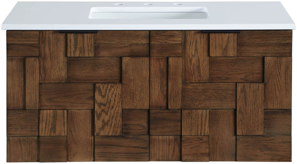 Meridian Furniture Leonardo Wall Mounted Solid Wood Bathroom Vanity with Geometric Doors and Engineered Stone Top Brown 36 inches 435Brown-36