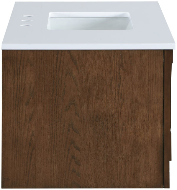 Meridian Furniture Leonardo Wall Mounted Solid Wood Bathroom Vanity with Geometric Doors and Engineered Stone Top Brown 36 inches 435Brown-36