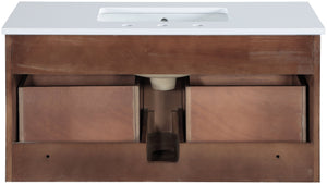 Meridian Furniture Leonardo Wall Mounted Solid Wood Bathroom Vanity with Geometric Doors and Engineered Stone Top Brown 36 inches 435Brown-36