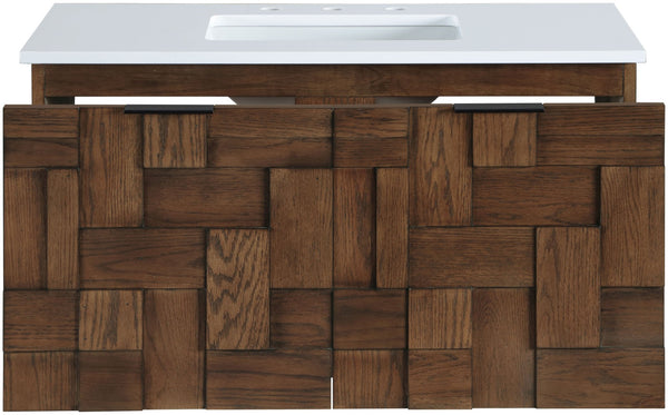 Meridian Furniture Leonardo Wall Mounted Solid Wood Bathroom Vanity with Geometric Doors and Engineered Stone Top Brown 36 inches 435Brown-36