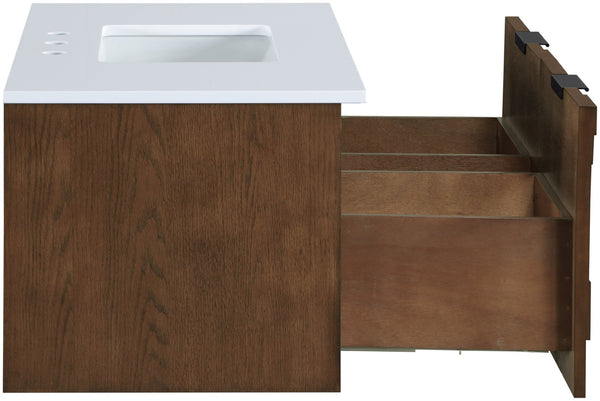 Meridian Furniture Leonardo Wall Mounted Solid Wood Bathroom Vanity with Geometric Doors and Engineered Stone Top Brown 36 inches 435Brown-36