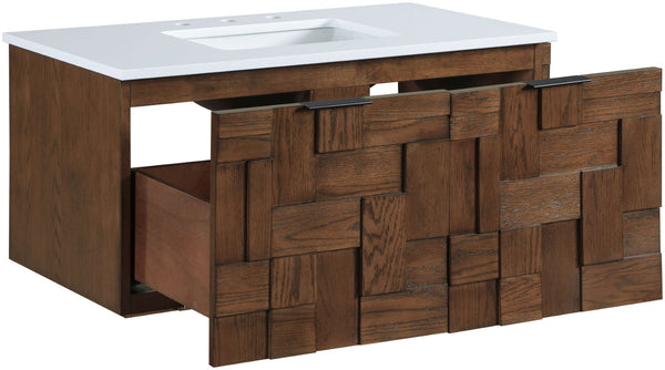 Meridian Furniture Leonardo Wall Mounted Solid Wood Bathroom Vanity with Geometric Doors and Engineered Stone Top Brown 36 inches 435Brown-36