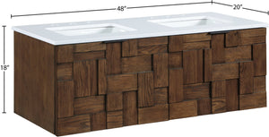 Meridian Furniture Leonardo Wall Mounted Solid Wood Bathroom Vanity with Geometric Doors and Engineered Stone Top Brown 48 inches 435Brown-48