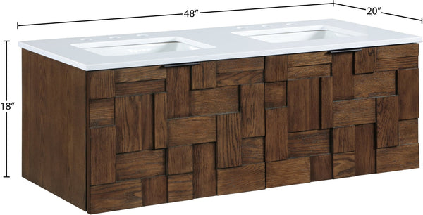 Meridian Furniture Leonardo Wall Mounted Solid Wood Bathroom Vanity with Geometric Doors and Engineered Stone Top Brown 48 inches 435Brown-48