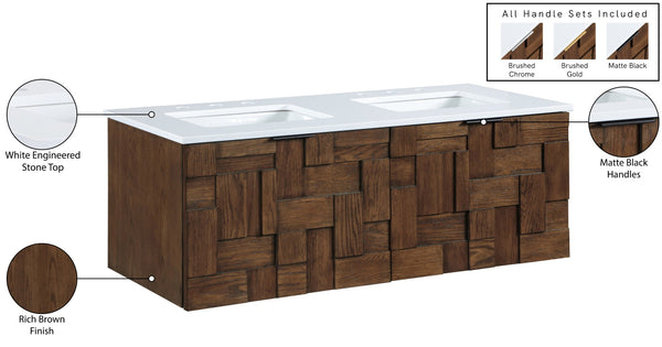 Meridian Furniture Leonardo Wall Mounted Solid Wood Bathroom Vanity with Geometric Doors and Engineered Stone Top Brown 48 inches 435Brown-48