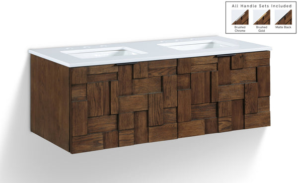 Meridian Furniture Leonardo Wall Mounted Solid Wood Bathroom Vanity with Geometric Doors and Engineered Stone Top Brown 48 inches 435Brown-48