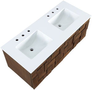 Meridian Furniture Leonardo Wall Mounted Solid Wood Bathroom Vanity with Geometric Doors and Engineered Stone Top Brown 48 inches 435Brown-48