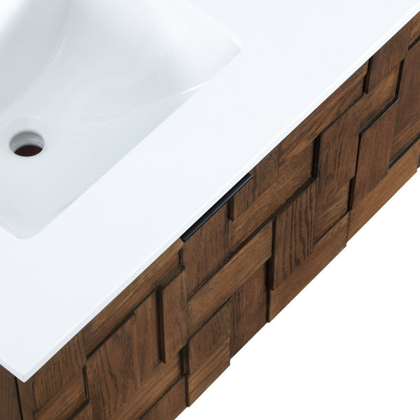 Meridian Furniture Leonardo Wall Mounted Solid Wood Bathroom Vanity with Geometric Doors and Engineered Stone Top Brown 48 inches 435Brown-48