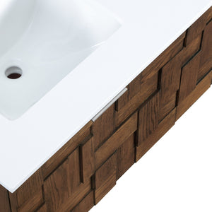 Meridian Furniture Leonardo Wall Mounted Solid Wood Bathroom Vanity with Geometric Doors and Engineered Stone Top Brown 48 inches 435Brown-48