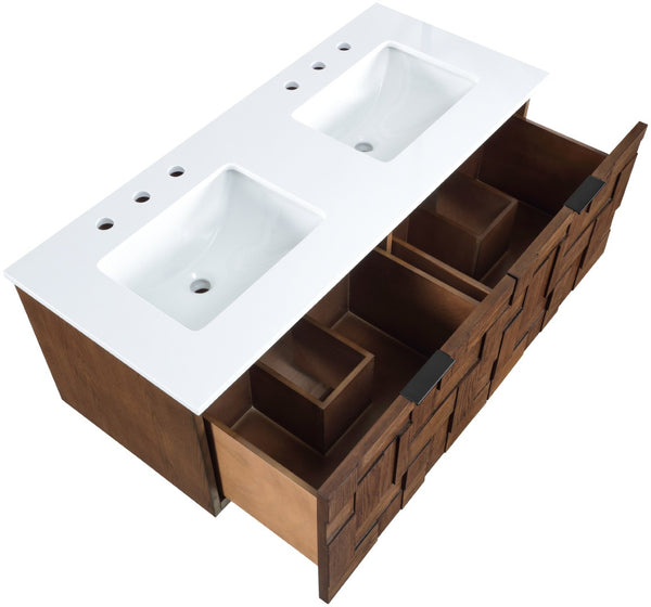 Meridian Furniture Leonardo Wall Mounted Solid Wood Bathroom Vanity with Geometric Doors and Engineered Stone Top Brown 48 inches 435Brown-48
