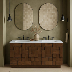 Meridian Furniture Leonardo Wall Mounted Solid Wood Bathroom Vanity with Geometric Doors and Engineered Stone Top Brown 48 inches 435Brown-48