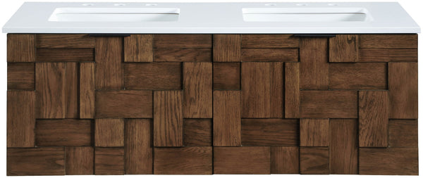 Meridian Furniture Leonardo Wall Mounted Solid Wood Bathroom Vanity with Geometric Doors and Engineered Stone Top Brown 48 inches 435Brown-48