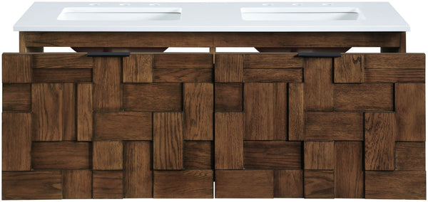 Meridian Furniture Leonardo Wall Mounted Solid Wood Bathroom Vanity with Geometric Doors and Engineered Stone Top Brown 48 inches 435Brown-48