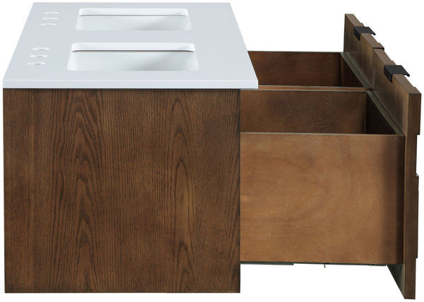 Meridian Furniture Leonardo Wall Mounted Solid Wood Bathroom Vanity with Geometric Doors and Engineered Stone Top Brown 48 inches 435Brown-48