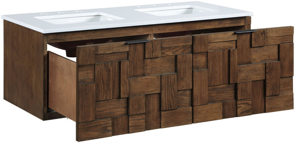 Meridian Furniture Leonardo Wall Mounted Solid Wood Bathroom Vanity with Geometric Doors and Engineered Stone Top Brown 48 inches 435Brown-48