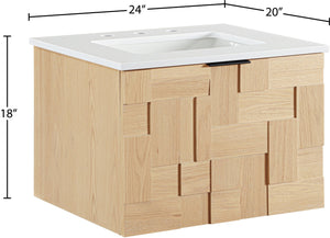 Meridian Furniture Leonardo Wall Mounted Solid Wood Bathroom Vanity with Geometric Doors and Engineered Stone Top Natural 24 inches 435Natural-24
