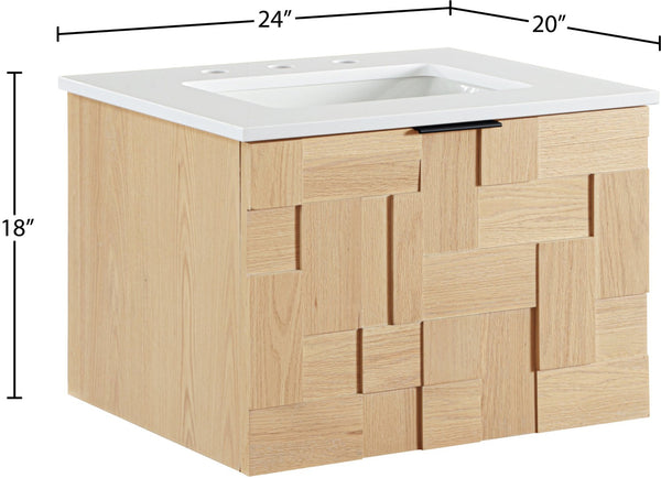 Meridian Furniture Leonardo Wall Mounted Solid Wood Bathroom Vanity with Geometric Doors and Engineered Stone Top Natural 24 inches 435Natural-24