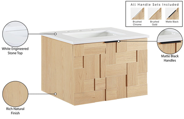 Meridian Furniture Leonardo Wall Mounted Solid Wood Bathroom Vanity with Geometric Doors and Engineered Stone Top Natural 24 inches 435Natural-24