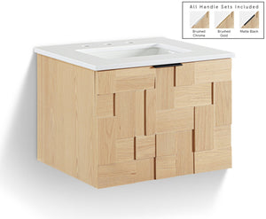 Meridian Furniture Leonardo Wall Mounted Solid Wood Bathroom Vanity with Geometric Doors and Engineered Stone Top Natural 24 inches 435Natural-24