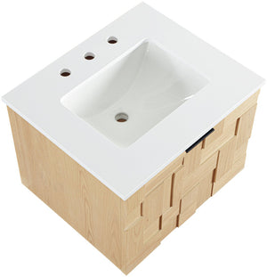 Meridian Furniture Leonardo Wall Mounted Solid Wood Bathroom Vanity with Geometric Doors and Engineered Stone Top Natural 24 inches 435Natural-24