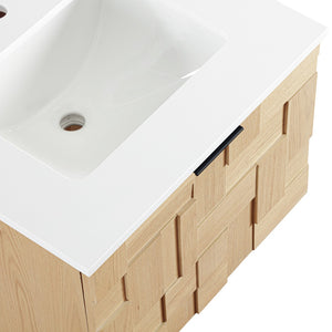 Meridian Furniture Leonardo Wall Mounted Solid Wood Bathroom Vanity with Geometric Doors and Engineered Stone Top Natural 24 inches 435Natural-24