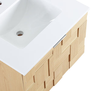 Meridian Furniture Leonardo Wall Mounted Solid Wood Bathroom Vanity with Geometric Doors and Engineered Stone Top Natural 24 inches 435Natural-24