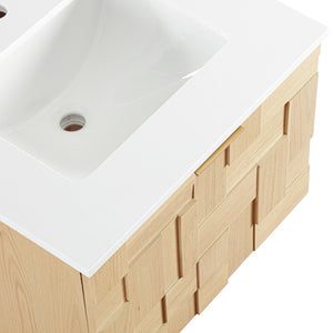 Meridian Furniture Leonardo Wall Mounted Solid Wood Bathroom Vanity with Geometric Doors and Engineered Stone Top Natural 24 inches 435Natural-24