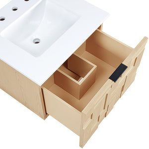 Meridian Furniture Leonardo Wall Mounted Solid Wood Bathroom Vanity with Geometric Doors and Engineered Stone Top Natural 24 inches 435Natural-24
