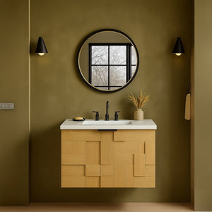 Meridian Furniture Leonardo Wall Mounted Solid Wood Bathroom Vanity with Geometric Doors and Engineered Stone Top Natural 24 inches 435Natural-24