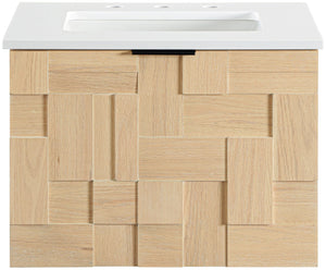 Meridian Furniture Leonardo Wall Mounted Solid Wood Bathroom Vanity with Geometric Doors and Engineered Stone Top Natural 24 inches 435Natural-24